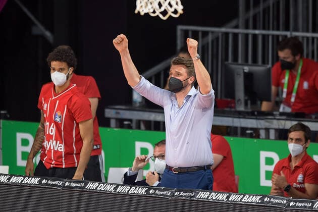 Basketball, BBL, 20210613, FC Bayern München Alba Berlin In the picture Chief Executive Officer FC Bayern München Basketball Marko PESIC cheers basket Munich Audi Dome Bayern Germany Copyright: Passion2Press MarkusxFischerx