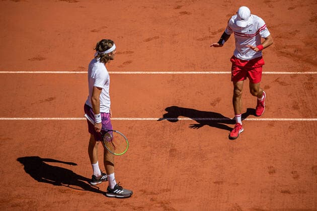 Novak DJOKOVIC of Serbia falls to the ground during his men s single against Stefanos TSITSIPAS of Greece on the Men s Final of the French Open tennis tournament at Roland Garros in Paris, France, 13 June 2021.  Copyright: xAurelienxMorissardx