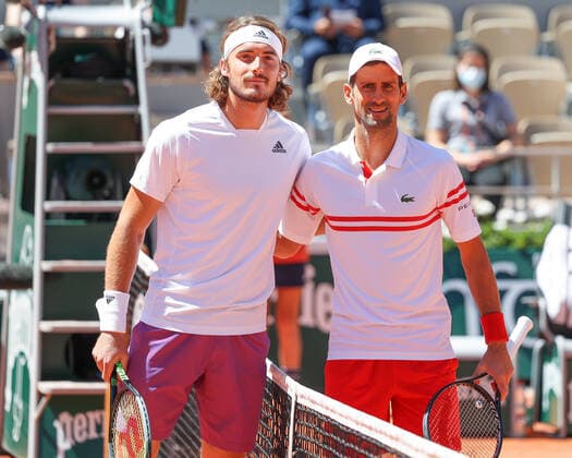 Stefanos Tsitsipas lks and Novak Djokovic SRB pose at the net for a photo before the start of play, Mens Singles Final, Final Tennis French Open 2021 Grand Slam Roland Garros Paris France 13 June 2021 Copyright: xJuergenxHasenkopfx