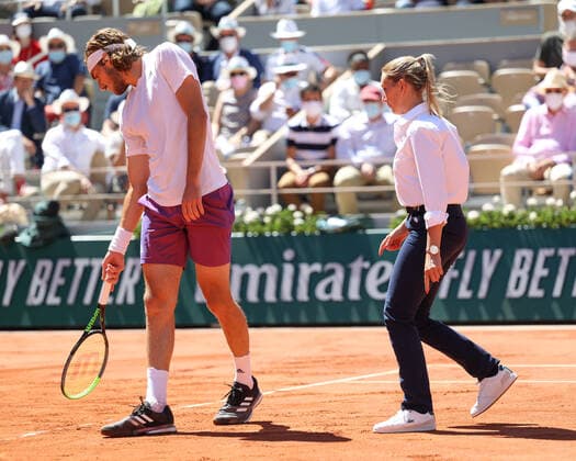 Stefanos Tsitsipas and chair umpire Amelie Tourte look at a ball print, mens singles final, final Tennis French Open 2021 Grand Slam Roland Garros Paris France 13 June 2021 Copyright: xJuergenxHasenkopfx