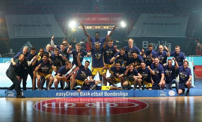 ALBA Berlin team is German champion of 2020 2021 season Basketball, Bayern Berlin, BBL playoff, final, 4 game, 2020 2021 season, on 13 6 2021 in Munich, A U D I D O M E, Germany Source Copyright Credit Oryk HAIST x1DX38870.CR3x