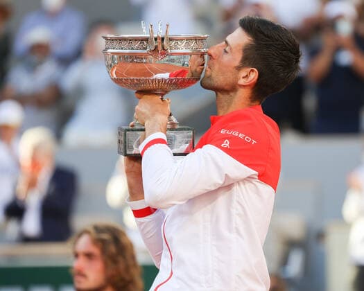 Winner Novak Djokovic with the trophy, trophy mens singles award ceremony, presentation Tennis French Open 2021 Grand Slam Roland Garros Paris France 13 June 2021 Copyright: xJuergenxHasenkopfx