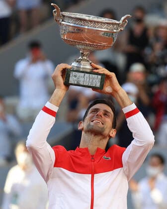 Winner Novak Djokovic with the trophy, trophy mens singles award ceremony, presentation Tennis French Open 2021 Grand Slam Roland Garros Paris France 13 June 2021 Copyright: xJuergenxHasenkopfx