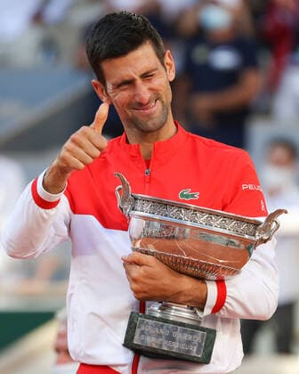 Winner Novak Djokovic with the trophy, trophy mens singles award ceremony, presentation Tennis French Open 2021 Grand Slam Roland Garros Paris France 13 June 2021 Copyright: xJuergenxHasenkopfx