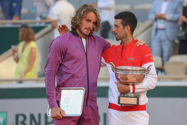 Winner Novak Djokovic and finalist Stefanos Tsitsipas with trophy, trophy mens singles award ceremony, presentation Tennis French Open 2021 Grand Slam Roland Garros Paris France 13 June 2021 Copyright: xJuergenxHasenkopfx