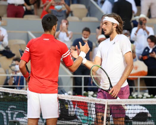 Stefanos Tsitsipas congratulates winner Novak Djokovic arrives at mens singles final, final Tennis French Open 2021 Grand Slam Roland Garros Paris France 13 June 2021 Copyright: xJuergenxHasenkopfx