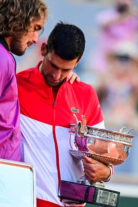 Novak Djokovic (srb) Stefanos Tsitsipas (Gre) TENNIS : Internationaux de France Roland Garros 2021 - Finale Hommes - Paris - 13 06 2021 JBAutissier Panoramic 