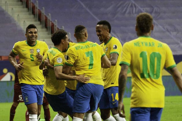 June 13, 2021, Brasilia, Federal District, Brazil: Commemoration of the goal scored by Marquinhos during the match between Brazil and Venezuela, valid for the first round of Group B of Copa America 2021, held at Mane Garrincha, in Brasilia, on Sunday night (13).  Copyright: xLecoxVianax