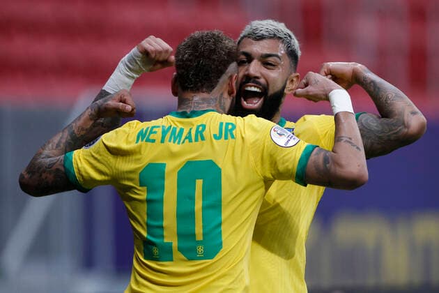 13th June 2021; Mane Garrincha Stadium, Brasilia, Distrito Federal, Brazil; Copa America, Brazil versus Venezuela; Gabriel Barbosa of Brazil celebrates his goal with Neymar in the 89th minute 3-0  ActionPlus12296098 AdalbertoxMarques