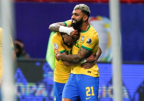 Brazil s Gabigol (R) celebrates with his teammate Neymar Jr after scoring against Venezuela, during the inaugural match of the Copa America at the Mane Garrincha Stadium in Brasilia, Brazil, 13 June 2021. Brazil - Venezuela !ACHTUNG: NUR REDAKTIONELLE NUTZUNG!  Copyright: xFernandoxBizerraxJrx AME5515 20210614-637592305729271245