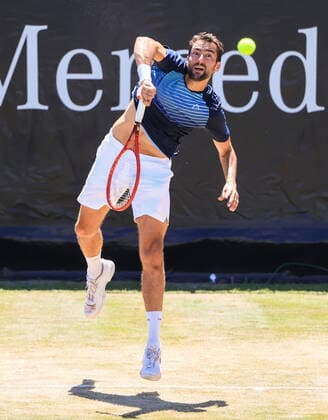 (210614) -- STUTTGART, June 14, 2021 -- Marin Cilic of Croatia serves during the men s singles final match of Mercedes Cup against Felix Auger-Aliassime of Canada in Stuttgart, Germany, June 13, 2021. Marin Cilic won 2-0 and claimed the title. (Photo by Xinhua) (SP)GERMANY-STUTTGART-TENNIS-MERCEDES CUP-MEN S SINGLES-FINAL PhilippexRuiz 