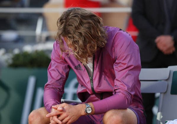 (210614) -- PARIS, June 14, 2021 -- Stefanos Tsitsipas of Greece reacts during the awarding ceremony after the Men s Singles finals match against Novak Djokovic of Serbia at the French Open tennis tournament at Roland Garros in Paris, France, June 13, 2021. ) (SP)FRANCE-PARIS-TENNIS-ROLAND GARROS-FRENCH OPEN-MEN S SINGLES-FINALS GaoxJing 