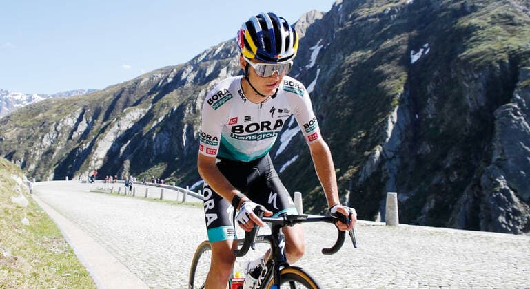 Photo Manuel Geisser 13 06 2021 Andermatt Cycling Tour de Suisse 8 Stage Andermatt Andermatt Anton Palzer GER Team Bora Hansgrohe on the ascent to the Gotthard Pass Tremola