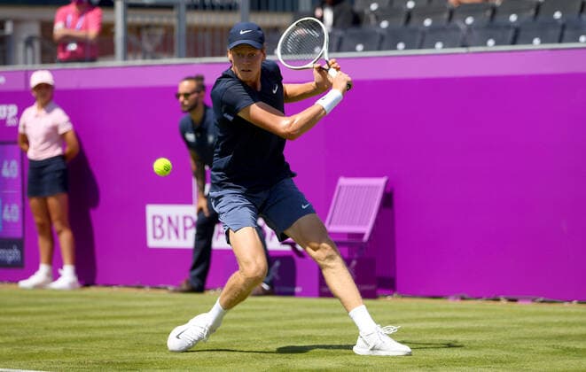 Mandatory Credit: Photo by Ella Ling BPI Shutterstock (12071591am) Jannik Sinner of Italy in action Cinch Championships, Day One, Tennis, Queens Club, London, UK - 14 June 2021 EDITORIAL USE ONLY No use with unauthorised audio, video, data, fixture lists, club league logos or live services. Online in-match use limited to 120 images, no video emulation. No use in betting, games or single club league player publications. Cinch Championships, Day One, Tennis, Queens Club, London, UK - 14 June 2021 EDITORIAL USE ONLY No use with unauthorised audio, video, data, fixture lists, club league logos or live services. Online in-match use limited to 120 images, no video emulation. No use in betting, games or single club league player publications. Copyright: xEllaxLing BPI Shutterstockx 12071591am
