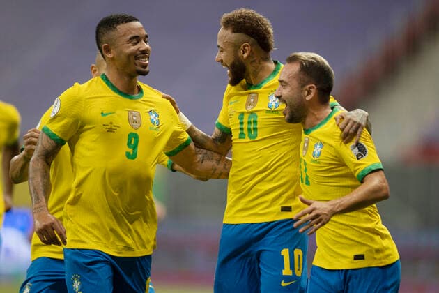13th June 2021; Mane Garrincha Stadium, Brasilia, Distrito Federal, Brazil; Copa America, Brazil versus Venezuela; Neymar of Brazil celebrates his penalty kick goal with Gabriel Jesus and & xc9;verton Ribeiro in the 64th minute 2-0  ActionPlus12296183 LucasxFigueiredo
