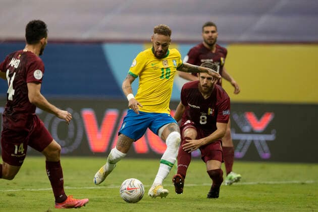 13th June 2021; Mane Garrincha Stadium, Brasilia, Distrito Federal, Brazil; Copa America, Brazil versus Venezuela; Neymar of Brazil gets his shot past Francisco La Mantia of Venezuela  ActionPlus12296189 LucasxFigueiredo