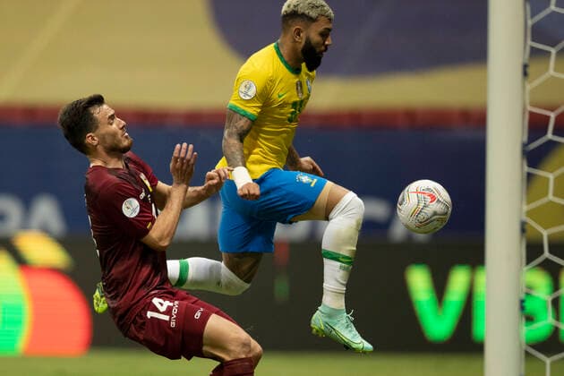 13th June 2021; Mane Garrincha Stadium, Brasilia, Distrito Federal, Brazil; Copa America, Brazil versus Venezuela; Gabriel Barbosa of Brazil turns the cross from Neymar into the goal for 3-0 as Luis Mago Del Pino of Venezuela pressures  ActionPlus12296194 LucasxFigueiredo