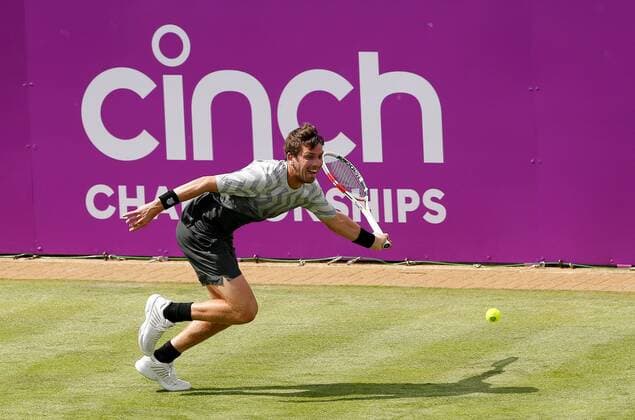 Mandatory Credit: Photo by Ella Ling BPI Shutterstock (12071591aw) Cameron Norrie of GBR in action Cinch Championships, Day One, Tennis, Queens Club, London, UK - 14 June 2021 EDITORIAL USE ONLY No use with unauthorised audio, video, data, fixture lists, club league logos or live services. Online in-match use limited to 120 images, no video emulation. No use in betting, games or single club league player publications. Cinch Championships, Day One, Tennis, Queens Club, London, UK - 14 June 2021 EDITORIAL USE ONLY No use with unauthorised audio, video, data, fixture lists, club league logos or live services. Online in-match use limited to 120 images, no video emulation. No use in betting, games or single club league player publications. Copyright: xEllaxLing BPI Shutterstockx 12071591aw