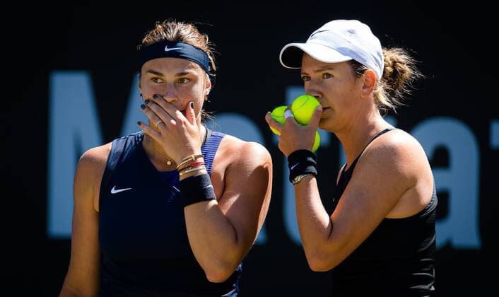 Mandatory Credit: Photo by Rob Prange Shutterstock (12072930bl) Aryna Sabalenka & Victoria Azarenka of Belarus playing doubles at the 2021 bett1open WTA, Tennis Damen 500 tennis tournament bett1open Tournament, Tennis, Berlin, Germany - 14 Jun 2021 bett1open Tournament, Tennis, Berlin, Germany - 14 Jun 2021  Copyright: xRobxPrange Shutterstockx 12072930bl