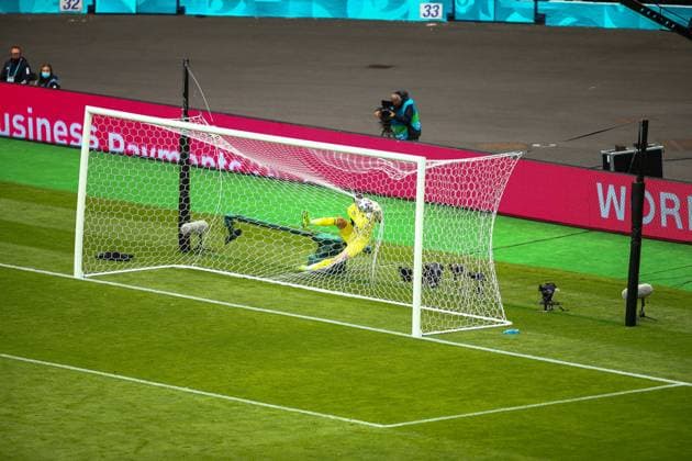 14th June 2021; Hampden Park, Glasgow, Scotland; 2021 European Football Championships, Scotland versus Czech Republic; David Marshall of Scotland gets tangled up in his net after Patrik Schick of Czech Republic lobs him in the 52nd minute to score from close to the halfway line  ActionPlus12296206 VagelisxGeorgariou