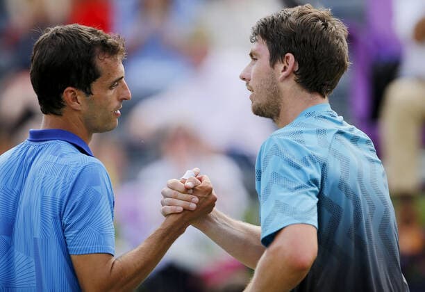 Mandatory Credit: Photo by Ella Ling BPI Shutterstock (12071591bv) Cameron Norrie of GBR shakes hands with Albert Ramos-Vinolas of Spain at the net Cinch Championships, Day One, Tennis, Queens Club, London, UK - 14 June 2021 EDITORIAL USE ONLY No use with unauthorised audio, video, data, fixture lists, club league logos or live services. Online in-match use limited to 120 images, no video emulation. No use in betting, games or single club league player publications. Cinch Championships, Day One, Tennis, Queens Club, London, UK - 14 June 2021 EDITORIAL USE ONLY No use with unauthorised audio, video, data, fixture lists, club league logos or live services. Online in-match use limited to 120 images, no video emulation. No use in betting, games or single club league player publications. Copyright: xEllaxLing BPI Shutterstockx 12071591bv