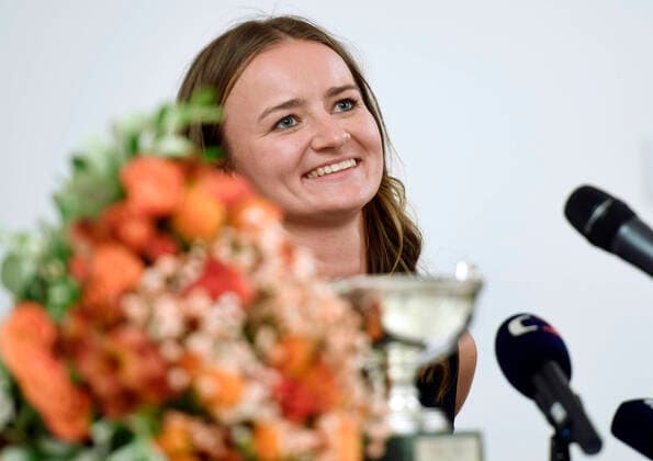 The winner of singles and doubles of the Roland Garros major tennis tournament Barbora Krejcikova smiles during a press conference, PK, Pressekonferenz of the Czech Tennis Association on June 14, 2021, in Prague, Czech Republic. (CTKxPhoto MichaelaxRihova) CTKPhotoP2021061407908  mir 2