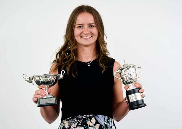 The winner of singles and doubles of the Roland Garros major tennis tournament Barbora Krejcikova shows her trophies during a press conference, PK, Pressekonferenz of the Czech Tennis Association on June 14, 2021, in Prague, Czech Republic. (CTKxPhoto MichaelaxRihova) CTKPhotoP2021061408049  mir 5