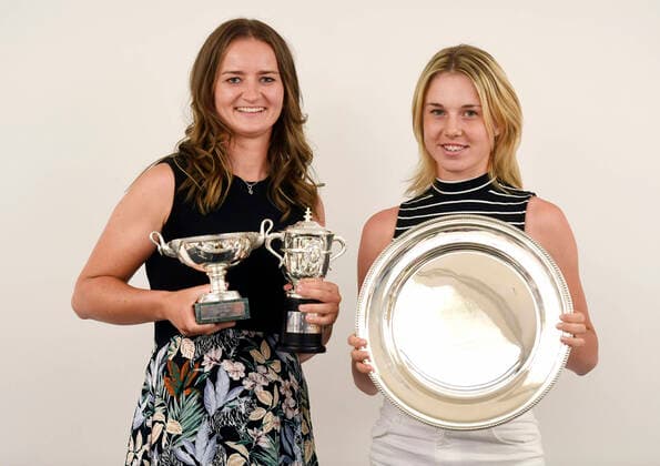 The winner of singles and doubles of the Roland Garros major tennis tournament Barbora Krejcikova, left, and junior champion of the French Open Linda Noskova showed their trophies on June 14, 2021, in Prague, Czech Republic, during a press conference, PK, Pressekonferenz of the Czech Tennis Association. (CTKxPhoto MichaelaxRihova) CTKPhotoP2021061408135  mir 7
