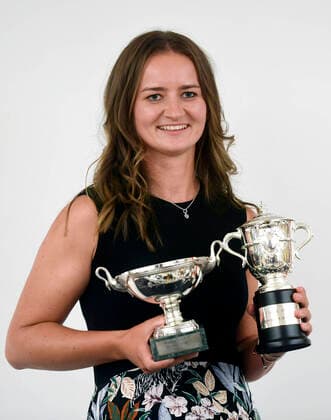 The winner of singles and doubles of the Roland Garros major tennis tournament Barbora Krejcikova shows her trophies during a press conference, PK, Pressekonferenz of the Czech Tennis Association on June 14, 2021, in Prague, Czech Republic. (CTKxPhoto MichaelaxRihova) CTKPhotoP2021061408181  mir 8