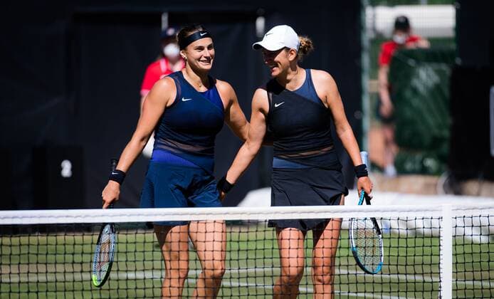 Mandatory Credit: Photo by Rob Prange Shutterstock (12072930do) Aryna Sabalenka & Victoria Azarenka of Belarus playing doubles at the 2021 bett1open WTA, Tennis Damen 500 tennis tournament bett1open Tournament, Tennis, Berlin, Germany - 14 Jun 2021 bett1open Tournament, Tennis, Berlin, Germany - 14 Jun 2021  Copyright: xRobxPrange Shutterstockx 12072930do