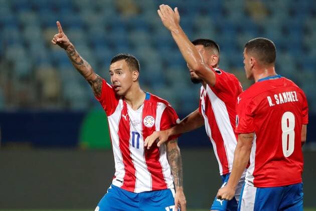 Kaku (L) of Paraguay celebrates a goal today, in a match of group B of the Copa America between the teams of Paraguay and Bolivia at the Olympic Stadium in Goiania, Brazil 14 June 2021. Paraguay - Bolivia !ACHTUNG: NUR REDAKTIONELLE NUTZUNG!  Copyright: xALBERTOxVALDESx AME5798 20210615-637593261950655946