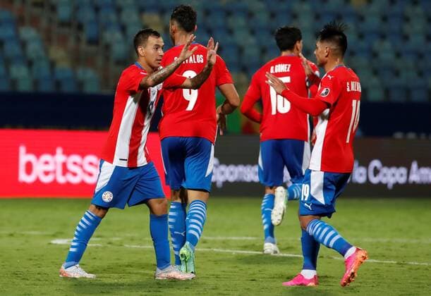 Kaku (L) of Paraguay celebrates a goal with Santiago Arzamendia today, in a match of group B of the Copa America between the teams of Paraguay and Bolivia at the Olympic Stadium in Goiania, Brazil 14 June 2021. Paraguay - Bolivia !ACHTUNG: NUR REDAKTIONELLE NUTZUNG!  Copyright: xALBERTOxVALDESx AME5800 20210615-637593262564794301