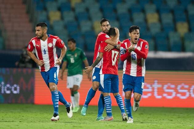 (210615) -- GOIANIA, June 15, 2021 -- Paraguay s players celebrate during the 2021 Copa America group A football match between Paraguay and Bolivia in Goiania, Brazil, on June 14, 2021. ) (SP)BRAZIL-GOIANIA-FOOTBALL-COPA AMERICA-PARAGUAY VS BOLIVIA LucioxTavora 