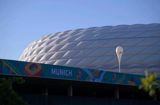 14 06 2021, football, European Championship 2020, training of the German national team in Munich at the Fußball Arena München, training one day before the first group match against France EM logos and MUNICH lettering on the branding around the arena The Allianz Arena logo has been removed for the time of the EM