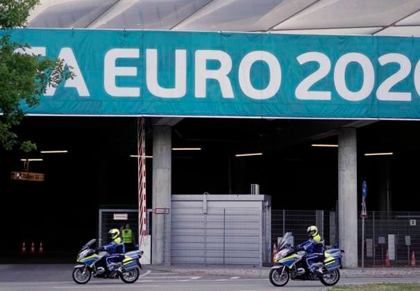 14 06 2021, football, European Championship 2020, training of the German national team in Munich in the football arena Munich, training one day before the first group match against France police on motorcycles drive past the stadium