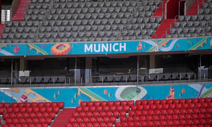 14 06 2021, football, European Championship 2020, training of the German national team in Munich in the football arena Munich, training one day before the first group match against France lettering MUNICH in the stadium