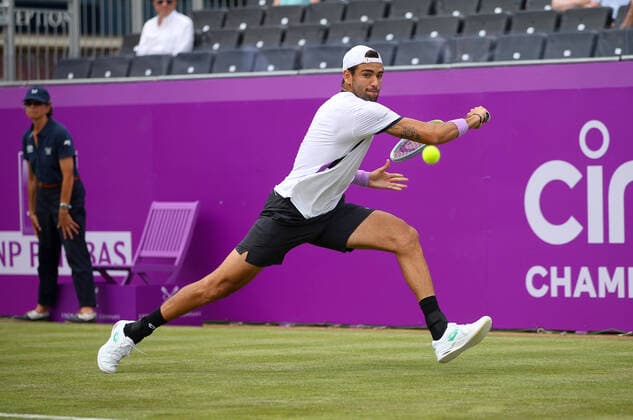 Mandatory Credit: Photo by Ella Ling BPI Shutterstock (12074706ab) Matteo Berrettini of Italy in action Cinch Championships, Day Two, Tennis, Queens Club, London, UK - 15 June 2021 EDITORIAL USE ONLY No use with unauthorised audio, video, data, fixture lists, club league logos or live services. Online in-match use limited to 120 images, no video emulation. No use in betting, games or single club league player publications. Cinch Championships, Day Two, Tennis, Queens Club, London, UK - 15 June 2021 EDITORIAL USE ONLY No use with unauthorised audio, video, data, fixture lists, club league logos or live services. Online in-match use limited to 120 images, no video emulation. No use in betting, games or single club league player publications. Copyright: xEllaxLing BPI Shutterstockx 12074706ab