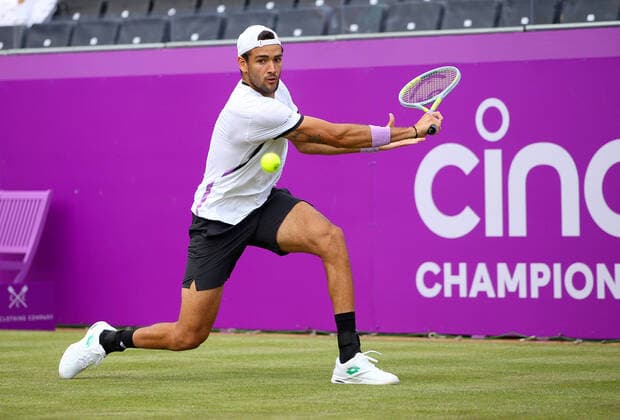Mandatory Credit: Photo by Ella Ling BPI Shutterstock (12074706ac) Matteo Berrettini of Italy in action Cinch Championships, Day Two, Tennis, Queens Club, London, UK - 15 June 2021 EDITORIAL USE ONLY No use with unauthorised audio, video, data, fixture lists, club league logos or live services. Online in-match use limited to 120 images, no video emulation. No use in betting, games or single club league player publications. Cinch Championships, Day Two, Tennis, Queens Club, London, UK - 15 June 2021 EDITORIAL USE ONLY No use with unauthorised audio, video, data, fixture lists, club league logos or live services. Online in-match use limited to 120 images, no video emulation. No use in betting, games or single club league player publications. Copyright: xEllaxLing BPI Shutterstockx 12074706ac