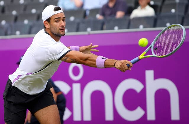 Mandatory Credit: Photo by Ella Ling BPI Shutterstock (12074706x) Matteo Berrettini of Italy in action Cinch Championships, Day Two, Tennis, Queens Club, London, UK - 15 June 2021 EDITORIAL USE ONLY No use with unauthorised audio, video, data, fixture lists, club league logos or live services. Online in-match use limited to 120 images, no video emulation. No use in betting, games or single club league player publications. Cinch Championships, Day Two, Tennis, Queens Club, London, UK - 15 June 2021 EDITORIAL USE ONLY No use with unauthorised audio, video, data, fixture lists, club league logos or live services. Online in-match use limited to 120 images, no video emulation. No use in betting, games or single club league player publications. Copyright: xEllaxLing BPI Shutterstockx 12074706x