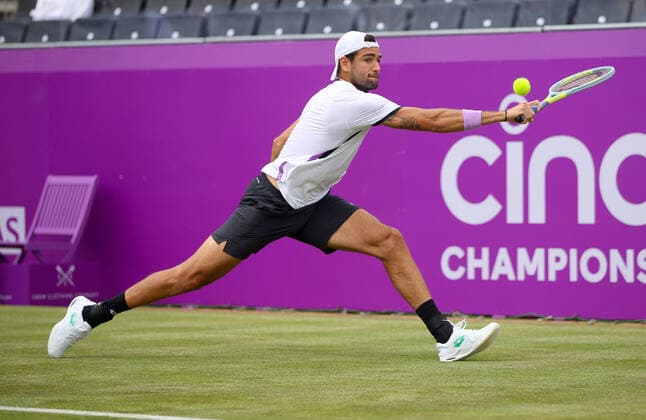 Mandatory Credit: Photo by Ella Ling BPI Shutterstock (12074706z) Matteo Berrettini of Italy in action Cinch Championships, Day Two, Tennis, Queens Club, London, UK - 15 June 2021 EDITORIAL USE ONLY No use with unauthorised audio, video, data, fixture lists, club league logos or live services. Online in-match use limited to 120 images, no video emulation. No use in betting, games or single club league player publications. Cinch Championships, Day Two, Tennis, Queens Club, London, UK - 15 June 2021 EDITORIAL USE ONLY No use with unauthorised audio, video, data, fixture lists, club league logos or live services. Online in-match use limited to 120 images, no video emulation. No use in betting, games or single club league player publications. Copyright: xEllaxLing BPI Shutterstockx 12074706z