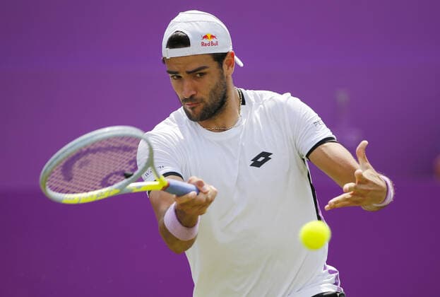 Mandatory Credit: Photo by Ella Ling BPI Shutterstock (12074706ao) Matteo Berrettini of Italy in action Cinch Championships, Day Two, Tennis, Queens Club, London, UK - 15 June 2021 EDITORIAL USE ONLY No use with unauthorised audio, video, data, fixture lists, club league logos or live services. Online in-match use limited to 120 images, no video emulation. No use in betting, games or single club league player publications. Cinch Championships, Day Two, Tennis, Queens Club, London, UK - 15 June 2021 EDITORIAL USE ONLY No use with unauthorised audio, video, data, fixture lists, club league logos or live services. Online in-match use limited to 120 images, no video emulation. No use in betting, games or single club league player publications. Copyright: xEllaxLing BPI Shutterstockx 12074706ao