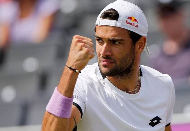 Mandatory Credit: Photo by Ella Ling BPI Shutterstock (12074706al) Matteo Berrettini of Italy celebrates Cinch Championships, Day Two, Tennis, Queens Club, London, UK - 15 June 2021 EDITORIAL USE ONLY No use with unauthorised audio, video, data, fixture lists, club league logos or live services. Online in-match use limited to 120 images, no video emulation. No use in betting, games or single club league player publications. Cinch Championships, Day Two, Tennis, Queens Club, London, UK - 15 June 2021 EDITORIAL USE ONLY No use with unauthorised audio, video, data, fixture lists, club league logos or live services. Online in-match use limited to 120 images, no video emulation. No use in betting, games or single club league player publications. Copyright: xEllaxLing BPI Shutterstockx 12074706al
