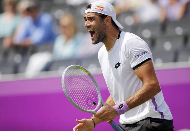 Mandatory Credit: Photo by Ella Ling BPI Shutterstock (12074706ak) Matteo Berrettini of Italy celebrates Cinch Championships, Day Two, Tennis, Queens Club, London, UK - 15 June 2021 EDITORIAL USE ONLY No use with unauthorised audio, video, data, fixture lists, club league logos or live services. Online in-match use limited to 120 images, no video emulation. No use in betting, games or single club league player publications. Cinch Championships, Day Two, Tennis, Queens Club, London, UK - 15 June 2021 EDITORIAL USE ONLY No use with unauthorised audio, video, data, fixture lists, club league logos or live services. Online in-match use limited to 120 images, no video emulation. No use in betting, games or single club league player publications. Copyright: xEllaxLing BPI Shutterstockx 12074706ak