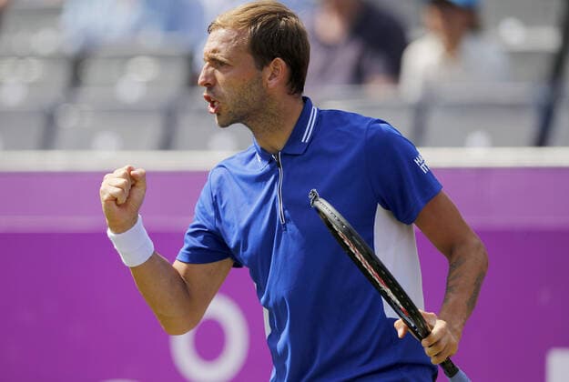 Mandatory Credit: Photo by Ella Ling BPI Shutterstock (12074706au) Dan Evans of GBR celebrates Cinch Championships, Day Two, Tennis, Queens Club, London, UK - 15 June 2021 EDITORIAL USE ONLY No use with unauthorised audio, video, data, fixture lists, club league logos or live services. Online in-match use limited to 120 images, no video emulation. No use in betting, games or single club league player publications. Cinch Championships, Day Two, Tennis, Queens Club, London, UK - 15 June 2021 EDITORIAL USE ONLY No use with unauthorised audio, video, data, fixture lists, club league logos or live services. Online in-match use limited to 120 images, no video emulation. No use in betting, games or single club league player publications. Copyright: xEllaxLing BPI Shutterstockx 12074706au