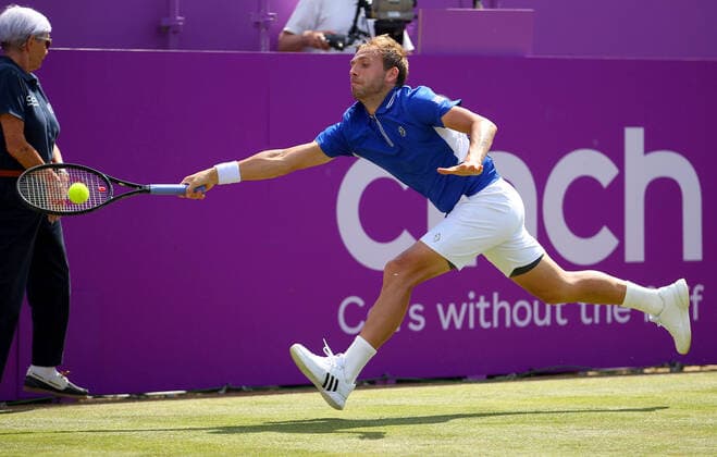 Mandatory Credit: Photo by Ella Ling BPI Shutterstock (12074706bq) Dan Evans of GBR in action Cinch Championships, Day Two, Tennis, Queens Club, London, UK - 15 June 2021 EDITORIAL USE ONLY No use with unauthorised audio, video, data, fixture lists, club league logos or live services. Online in-match use limited to 120 images, no video emulation. No use in betting, games or single club league player publications. Cinch Championships, Day Two, Tennis, Queens Club, London, UK - 15 June 2021 EDITORIAL USE ONLY No use with unauthorised audio, video, data, fixture lists, club league logos or live services. Online in-match use limited to 120 images, no video emulation. No use in betting, games or single club league player publications. Copyright: xEllaxLing BPI Shutterstockx 12074706bq