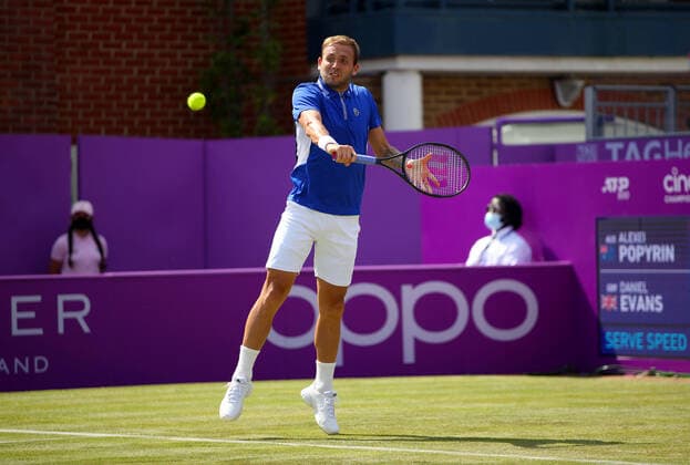 Mandatory Credit: Photo by Ella Ling BPI Shutterstock (12074706bg) Dan Evans of GBR in action Cinch Championships, Day Two, Tennis, Queens Club, London, UK - 15 June 2021 EDITORIAL USE ONLY No use with unauthorised audio, video, data, fixture lists, club league logos or live services. Online in-match use limited to 120 images, no video emulation. No use in betting, games or single club league player publications. Cinch Championships, Day Two, Tennis, Queens Club, London, UK - 15 June 2021 EDITORIAL USE ONLY No use with unauthorised audio, video, data, fixture lists, club league logos or live services. Online in-match use limited to 120 images, no video emulation. No use in betting, games or single club league player publications. Copyright: xEllaxLing BPI Shutterstockx 12074706bg