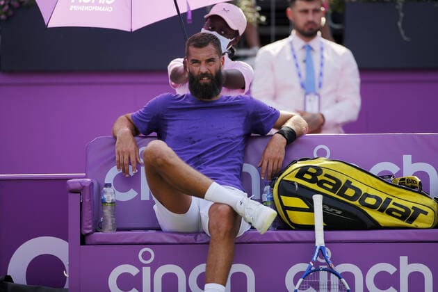 Mandatory Credit: Photo by Ella Ling BPI Shutterstock (12074706dy) Benoit Paire of France sits dejected Cinch Championships, Day Two, Tennis, Queens Club, London, UK - 15 June 2021 EDITORIAL USE ONLY No use with unauthorised audio, video, data, fixture lists, club league logos or live services. Online in-match use limited to 120 images, no video emulation. No use in betting, games or single club league player publications. Cinch Championships, Day Two, Tennis, Queens Club, London, UK - 15 June 2021 EDITORIAL USE ONLY No use with unauthorised audio, video, data, fixture lists, club league logos or live services. Online in-match use limited to 120 images, no video emulation. No use in betting, games or single club league player publications. Copyright: xEllaxLing BPI Shutterstockx 12074706dy