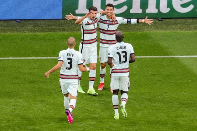 Budapest, Hungary, June 15h 2021: Cristiano Ronaldo (7 Portugal) celebrates another goal with his teammates during the European Championship, EM, Europameisterschaft football match between Hungary and Portugal at Puskas Ar? na in Budagpest, Hungary. 
