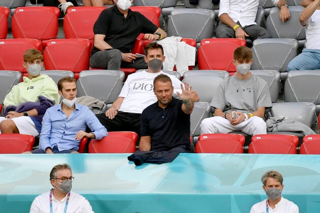 Coach Hans Dieter Hansi FLICK the next national coach on the tribune waves, waving, behind Miroslav KLOSE group phase, preliminary round group F, game M12, France FRA Germany GER , on 15 06 2021 in Munich Germany Football EM 2020 from 11 06 2021 11 07 2021 Â