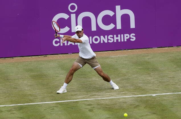 Mandatory Credit: Photo by Ella Ling BPI Shutterstock (12084430x) Aslan Karatsev of Russia in action Cinch Championships, Day Three, Tennis, Queens Club, London, UK - 16 June 2021 EDITORIAL USE ONLY No use with unauthorised audio, video, data, fixture lists, club league logos or live services. Online in-match use limited to 120 images, no video emulation. No use in betting, games or single club league player publications. Cinch Championships, Day Three, Tennis, Queens Club, London, UK - 16 June 2021 EDITORIAL USE ONLY No use with unauthorised audio, video, data, fixture lists, club league logos or live services. Online in-match use limited to 120 images, no video emulation. No use in betting, games or single club league player publications. Copyright: xEllaxLing BPI Shutterstockx 12084430x